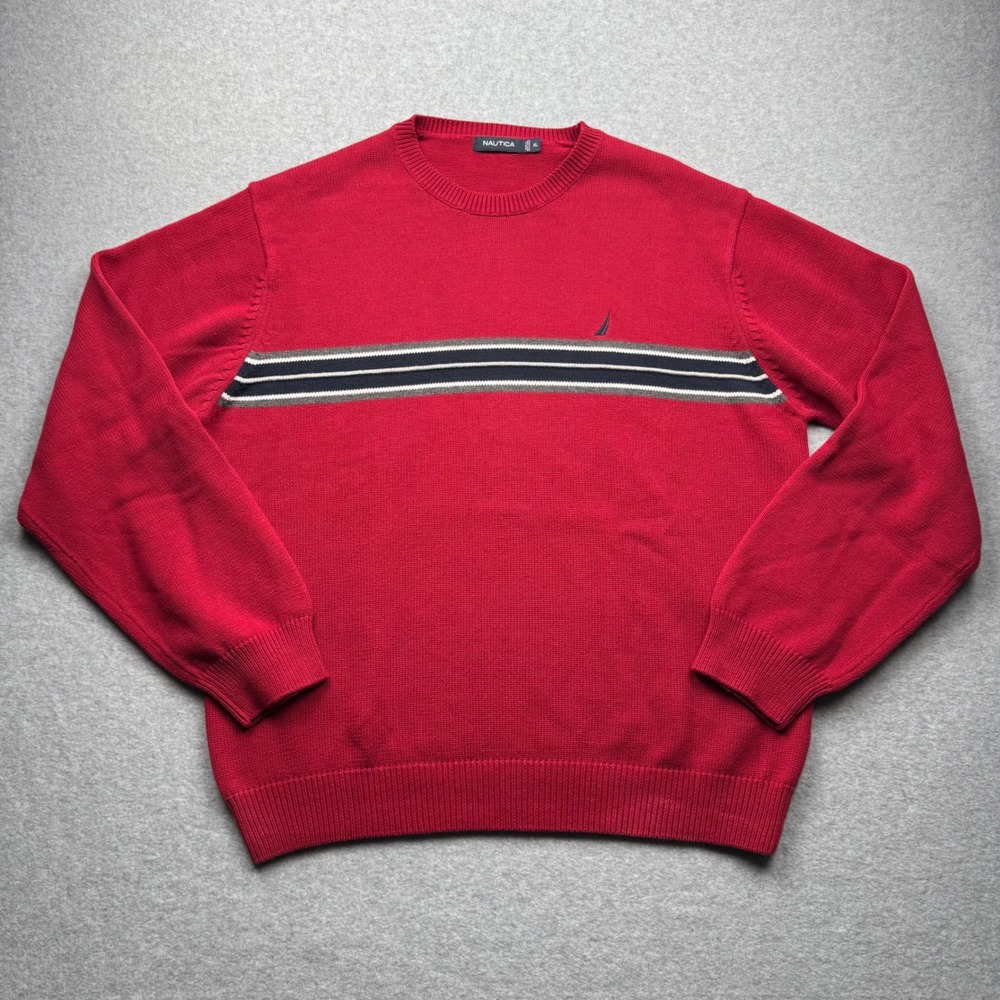 Nautica Mens XL Red Cotton Crewneck Sweater Navy White Chest Stripe Logo Ribbed